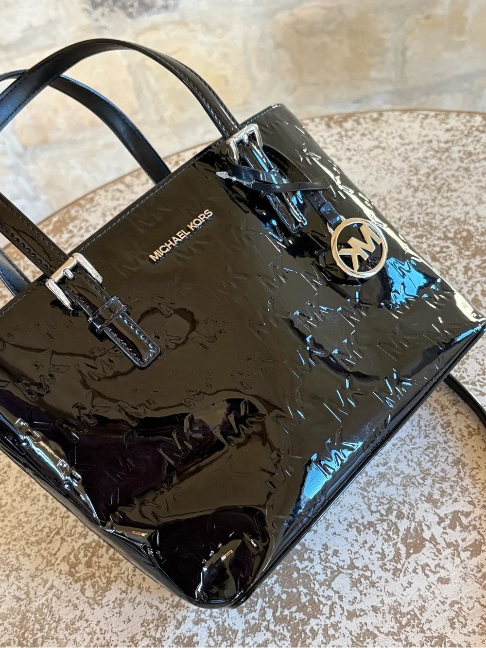 Michael Kors Black Patent Leather Satchel with Logo Charm